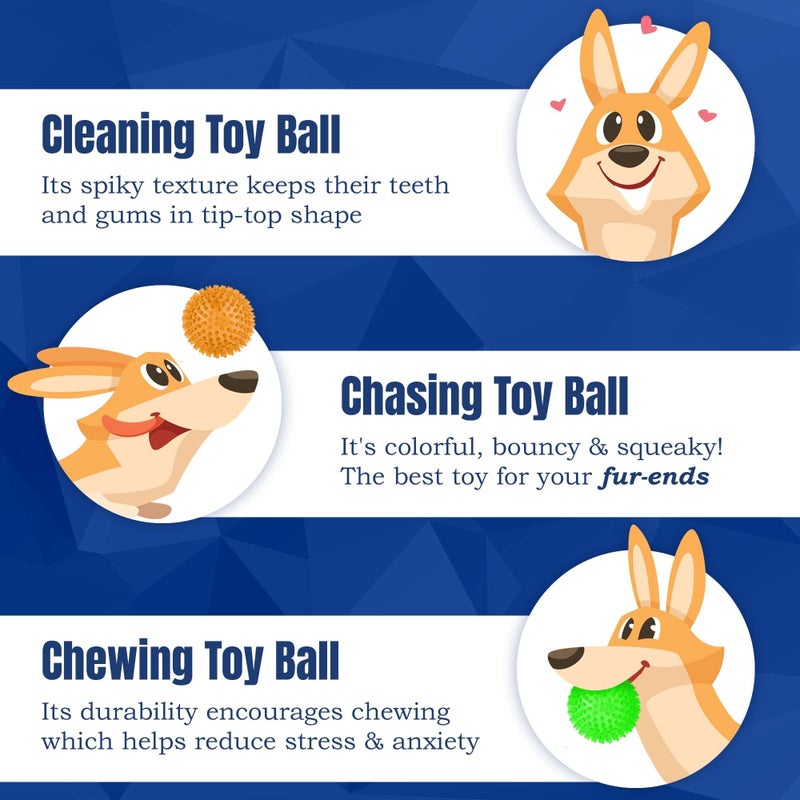 Meric CoCoo 3-Pack Squeaky Dog & Ferret Ball Toys, 2.3", Massage Teeth and Gums, Spikey Cat Rubber Balls, Toss Fetch Squeeky Doggy Balls for Multi-Pet Homes - Image 4